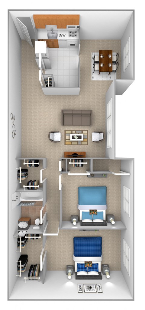 2 bedroom 1 bathroom with den 3D floor plan at McDonogh Village Apartments & Townhomes, Randallstown, 21133